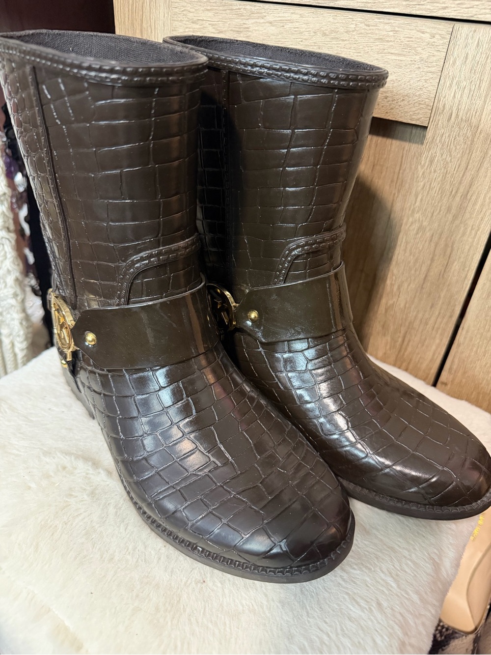 Michael Kors Dark Brown Croc-Embossed Leather Lace-Up Boots with Gold MK Accent - Picture 5 of 9